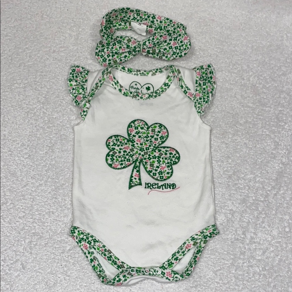 White Green Ireland Floral Print Shamrock Applique bodysuit and headband 6/12m